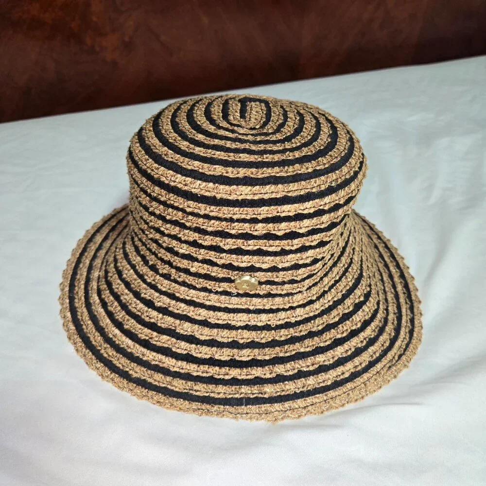 Eric Javits New York Packable Straw Bucket Sun Hat Tan Black Stripe UPF - Picture 2 of 14